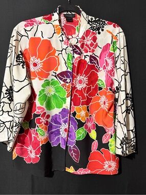 Natori Floral Button-Down Shirt in White, Black, Orange & Pink